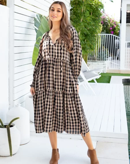 Tan Amy Gingham Maxi Dress