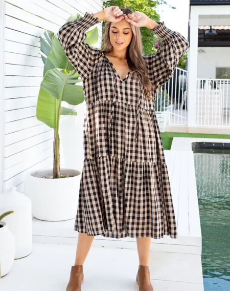 Tan Amy Gingham Maxi Dress